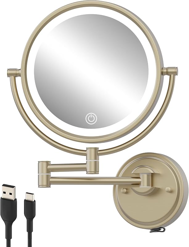 Espelho de maquiagem de parede BrassyColux com iluminação LED, aumento 1X/5X, recarregável, dourado escovado acetinado, 25,4 cm
