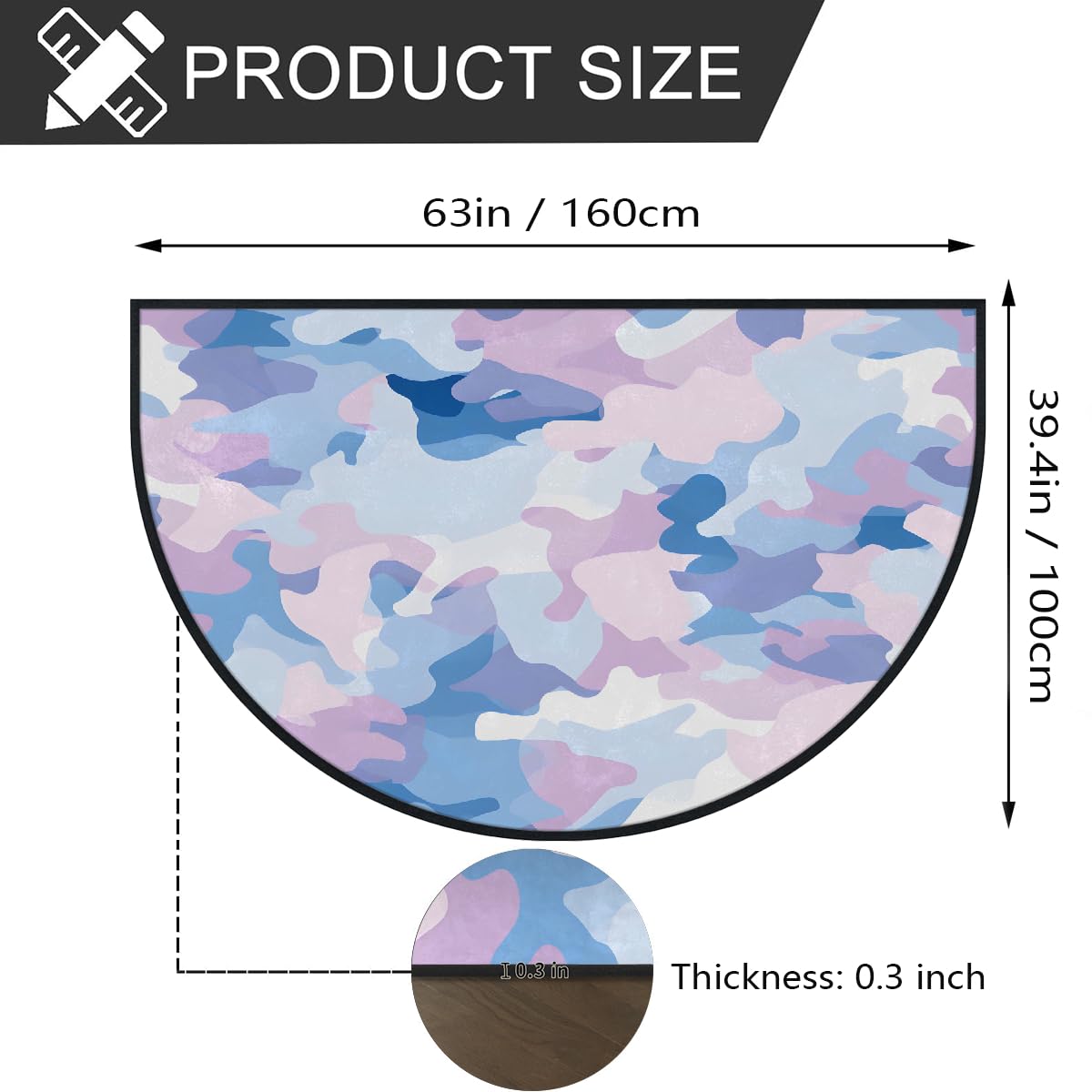 Mexpekil Paillasson demi-lune camouflage rose violet pour intérieur et extérieur - Demi cercle - Tapis de sol absorbant - Demi-rond - 100 x 160 cm