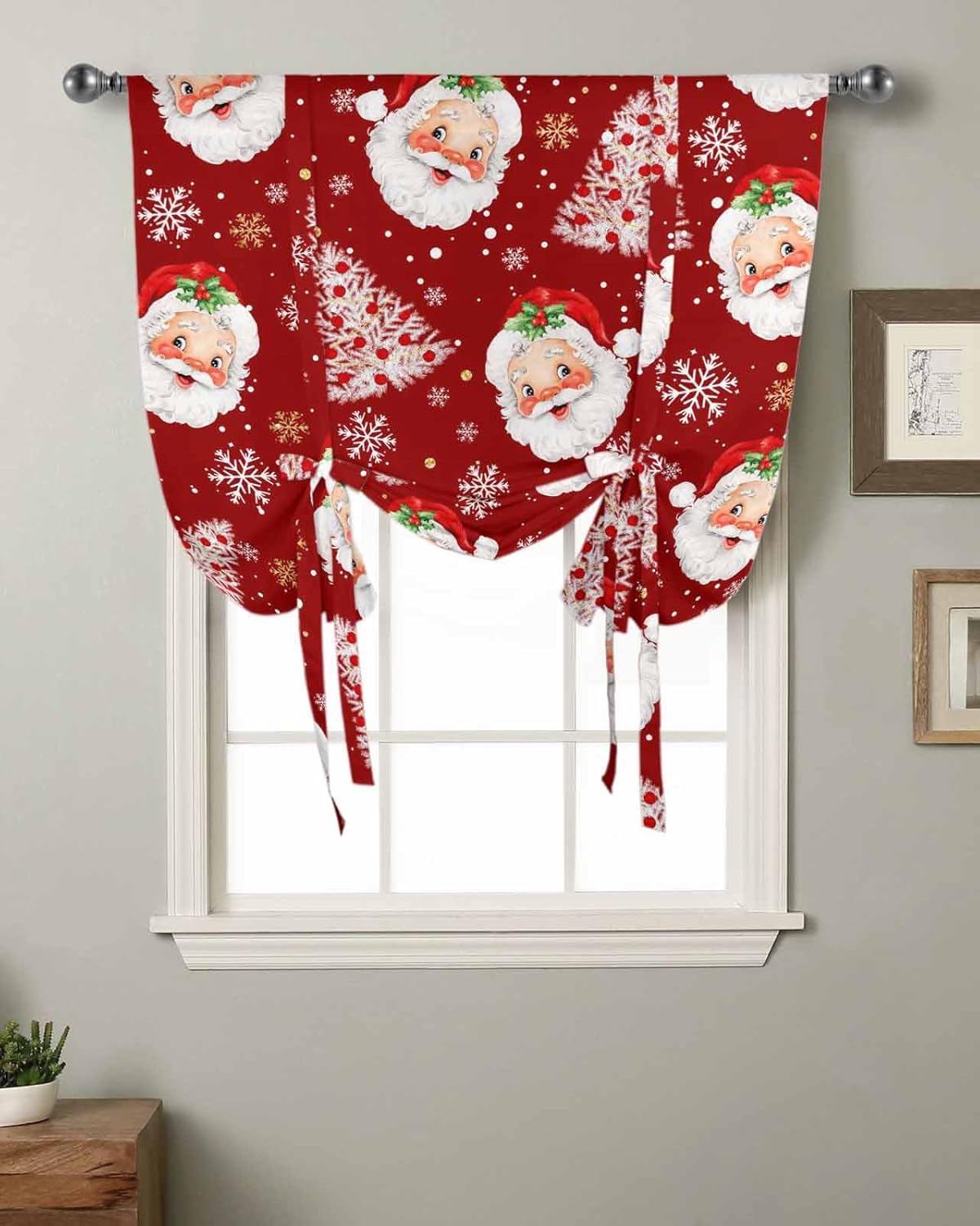Christmas Santa Tie Up Curtains for Window, Thermal Insulted Balloon Shade Adjustable Rod Pocket Curtains Valance Panels for Kitchen Bathroom Café 34 x 45 Red Xmas Tree Gold Snowflake