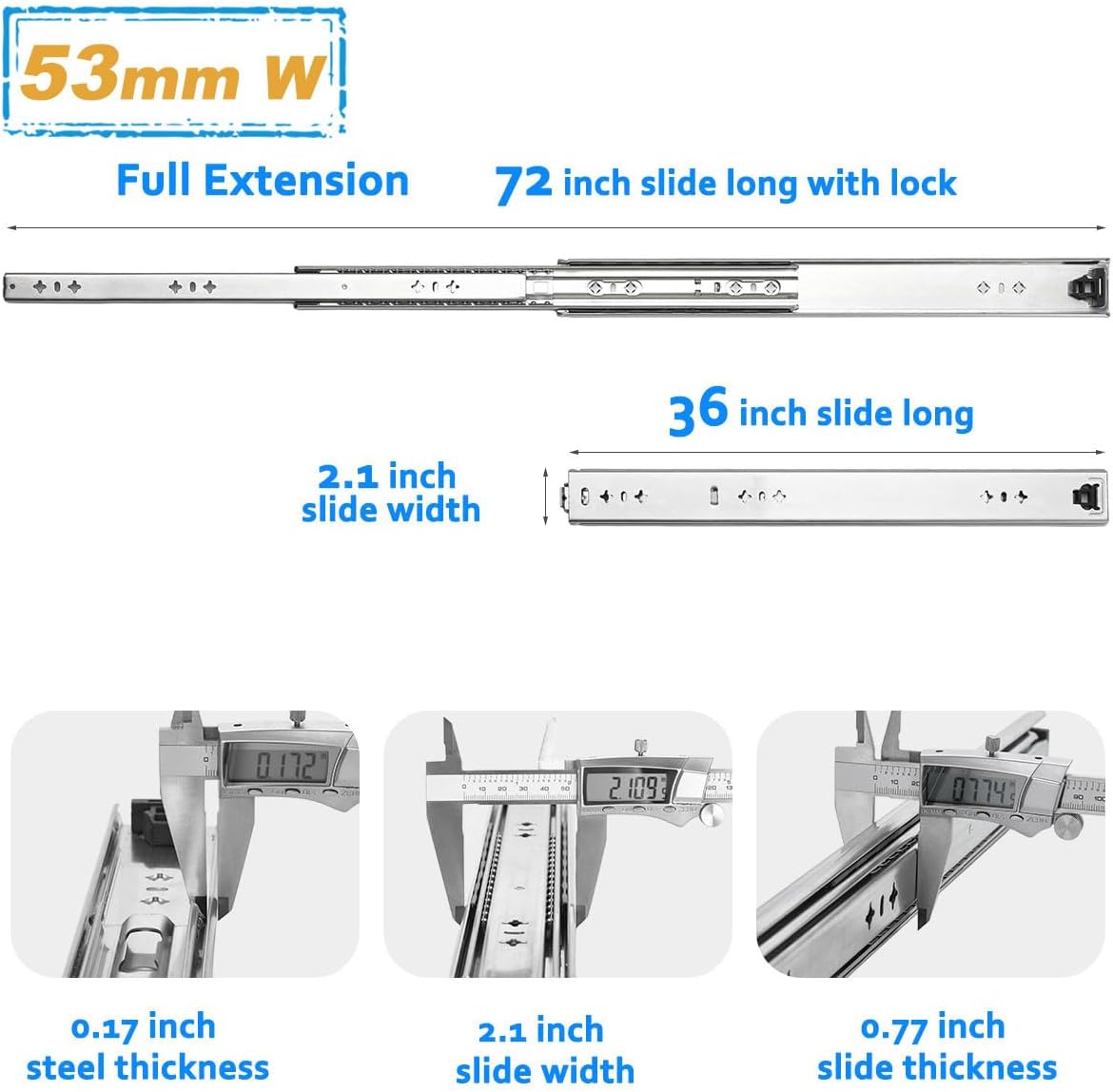 Heavy Duty 36 Inch Drawer Slides, 300 lb Load Capacity, Side Mount, Full Extension, Ball Bearing, Locking, Cabinet Rail, 1 Pair