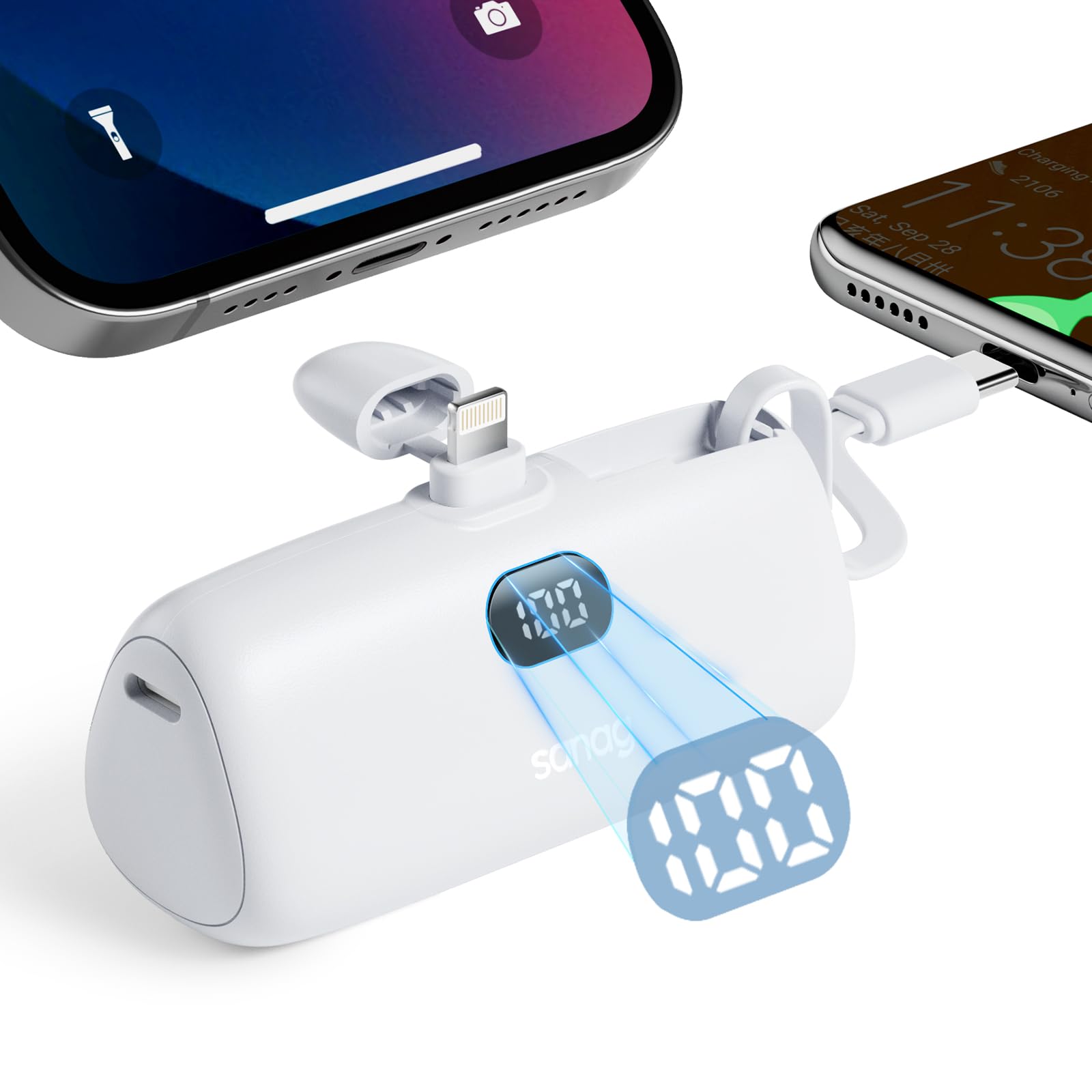 Sanag K20 portable charger connected to an iPhone, showing the phone charging