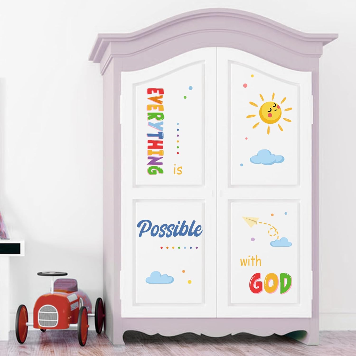 Yovkky Inspirational Everything is Possible with God Wall Decals Stickers, Colorful Sun Cloud Paper Plane Toddler Baby Nursery Decor, Positive Home Decorations Kids Bedroom Playroom Classroom Art