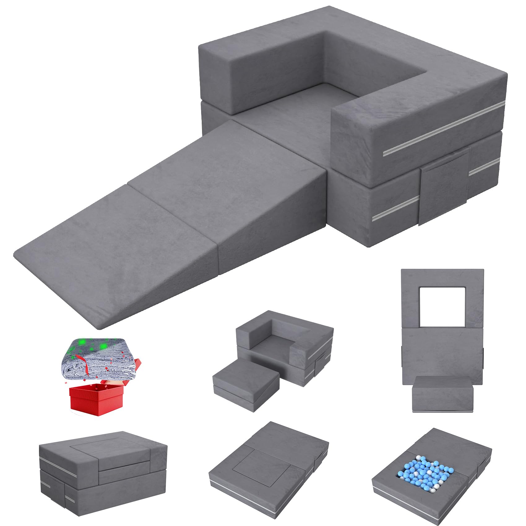 Seeutek Kids Couch, Modular Child Play Fort with Blanket, Toddler Sofa for Playroom and Bedroom, Convertible Baby Furniture for Girls and Boys, 3 in 1 Grey