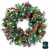 Sggvecsy Christmas Wreath 20’’ for Front Door with 40 White Led Lights Pine Cones Red Berries Battery Operated Artificial Christmas Wreath for Home Outdoor Indoor Winter Xmas Wall Hanging Decoration