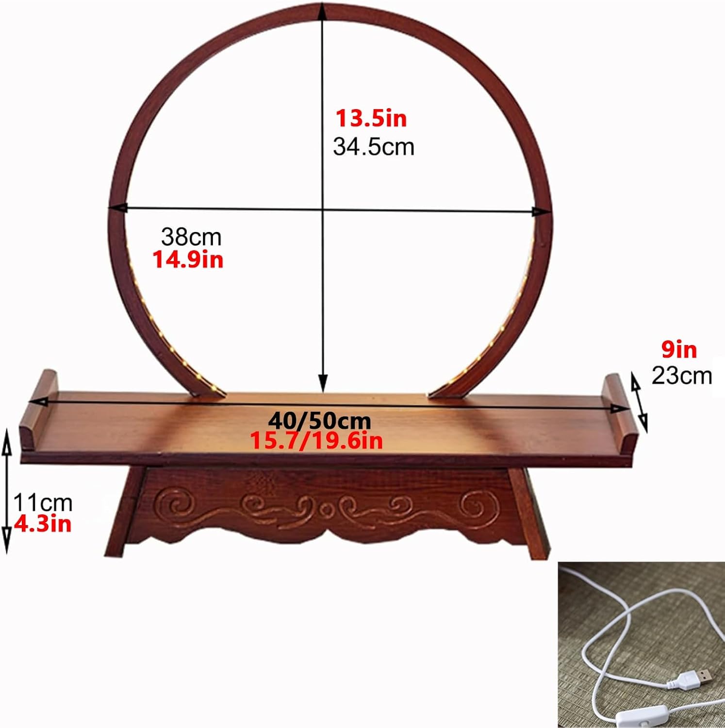 Shrine Altar Table, Small Meditation Table, Bamboo Offering Table, Carved Puja Buddhist with Light, Day of The Dead Altar Stand, for Prayers Divination Worship(Red,40cm/15.7in)