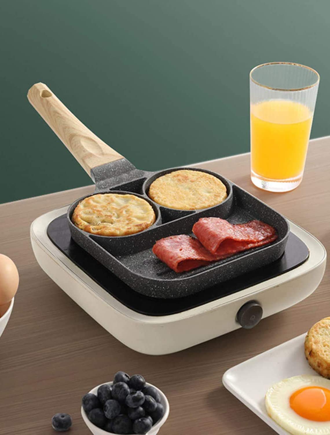 Toshionics Egg Frying Pan Non Stick 3 Section Pancake Fried Burger Grill for Breakfast Suitable for Gas Stove And Induction Cooker