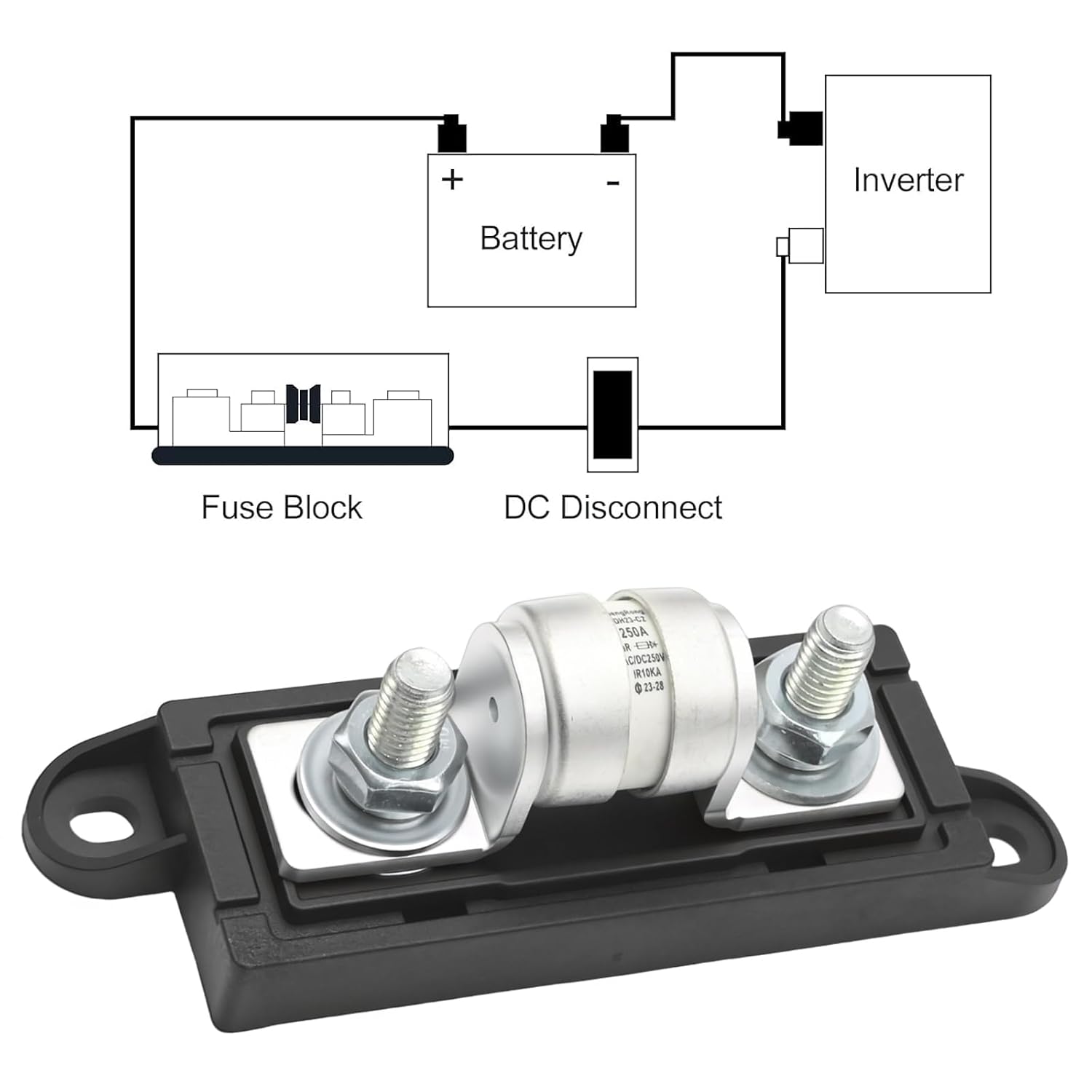 250 Amp Class T Fuse Holder, 250V AC/DC Fuse Block, Suitable for Inverters and High-Power Appliances in Marine, Automotive, and RV Applications
