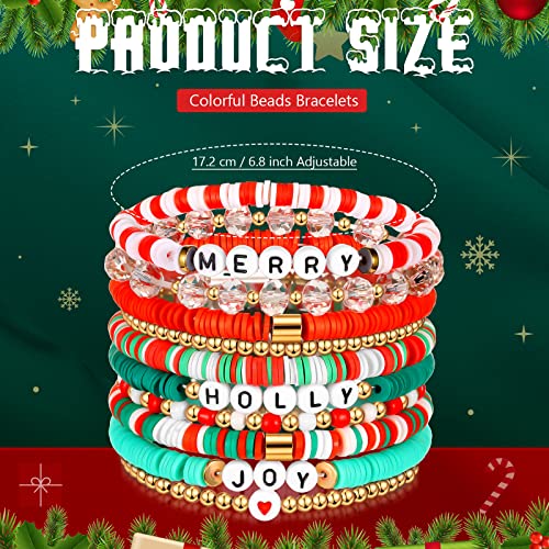 10 Pcs Holiday Bracelets Set Heishi Surfer Bracelet Polymer Clay Stretch Bracelet For Women Girls Gift Party Supplies (Joy Style) #TOP5