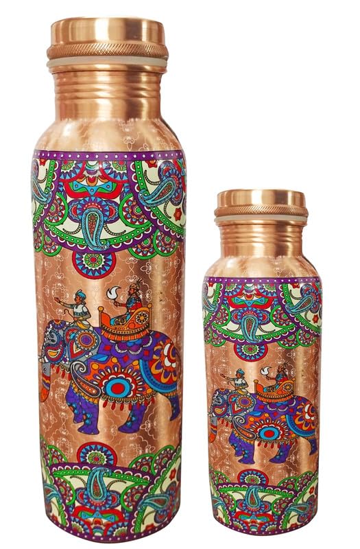 Set Aus Großer Und Kleiner Kupfer-Trinkflasche (17 Oz Und 32 Oz) Mit Farbiger Gravur, Ayurvedische, Auslaufsichere Trinkflasche Für Sport Und Yoga