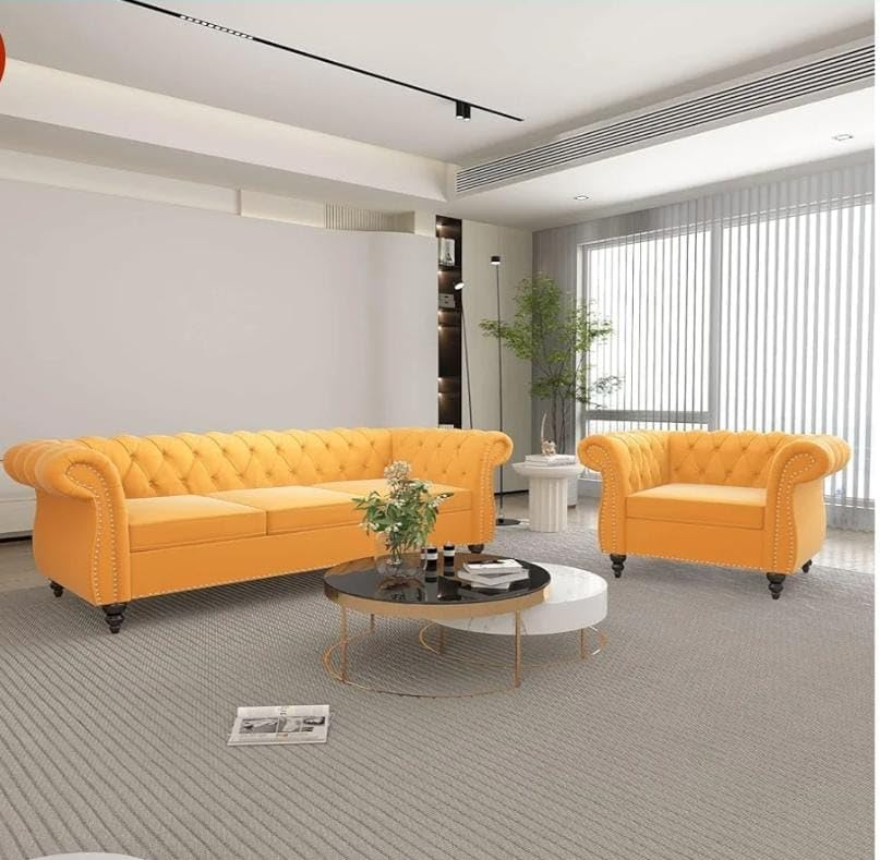 Image of Royale Hand Tufted Four (3+1) Seater Elegant Wooden Base Sofa in Wide Extravagant Fabric, Gives Luxurious Look for Home /Living Room /Office /Guest Room /Hotels