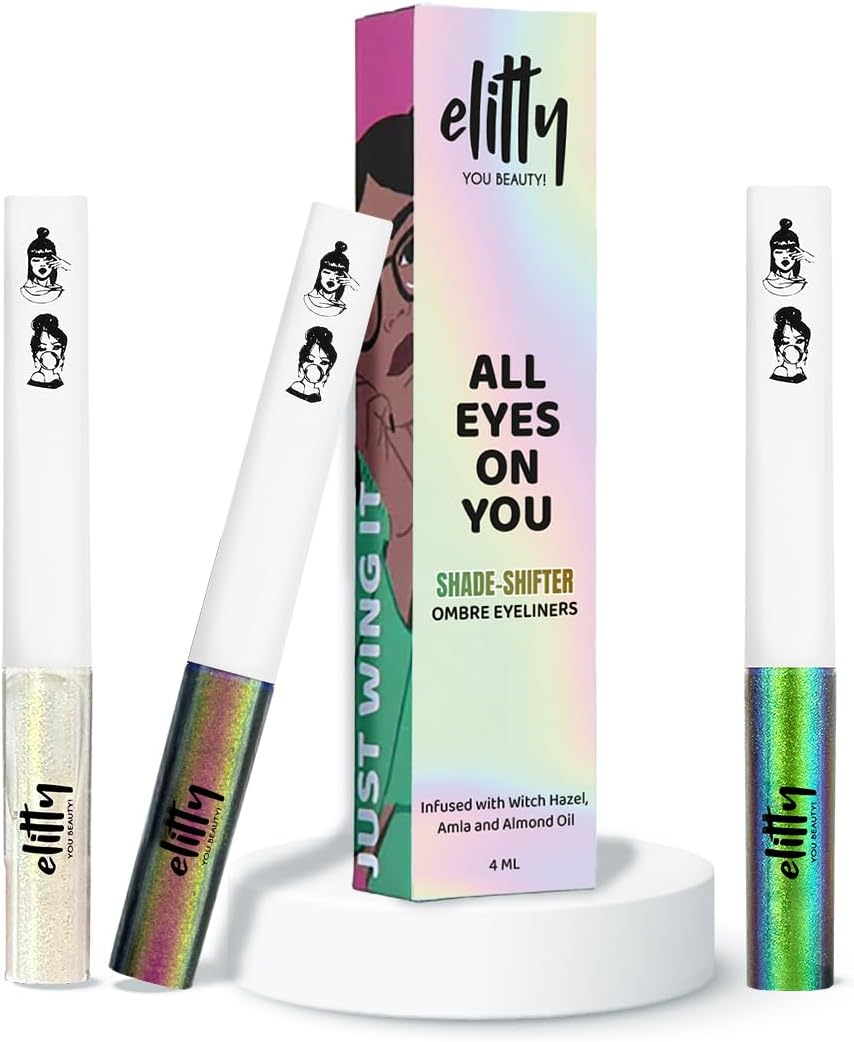 Elitty Milkyway Ombre Waterproof Liquid Eyeliner Combo (Pack of 3) | Holographic Shades (Green-Blue,Pink-Copper,Golden-Green) | Lasts Upto 12 Hrs | 4 ML Each