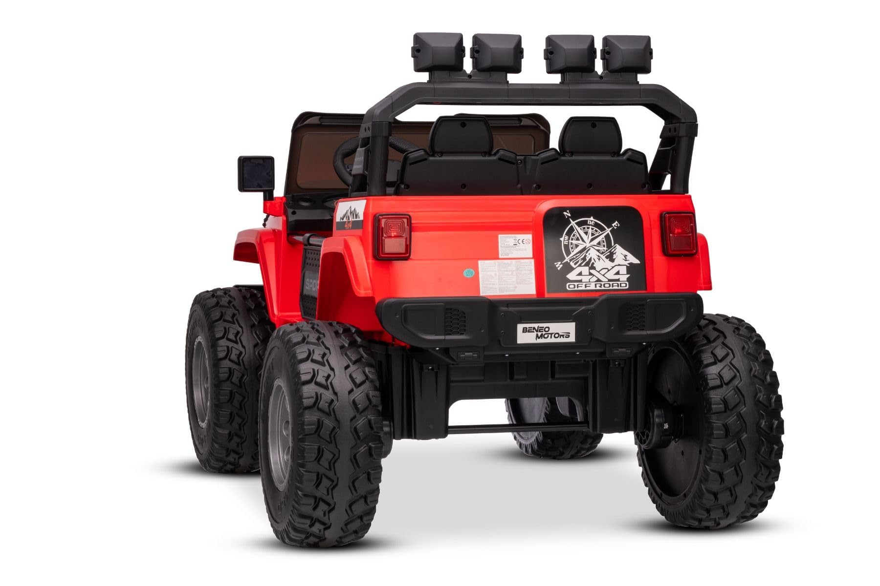 Beneo Motors OFFRIDE 4x4² 2-osobowy samochód elektryczny, 12 V, czerwony, odtwarzacz MP3 z wejściem USB/AUX, napęd na wszystkie koła 4 x 4, akumulator litowy, pilot zdalnego sterowania, oświetlenie