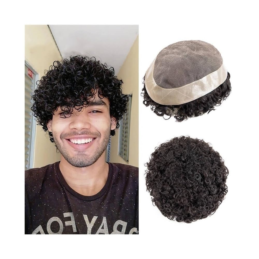 Men's Toupee Protesi for capelli maschili in PU da 20 mm, con pelle attorno ai capelli umani, toupet riccio for uomo, mono superiore(#1B,8x10)