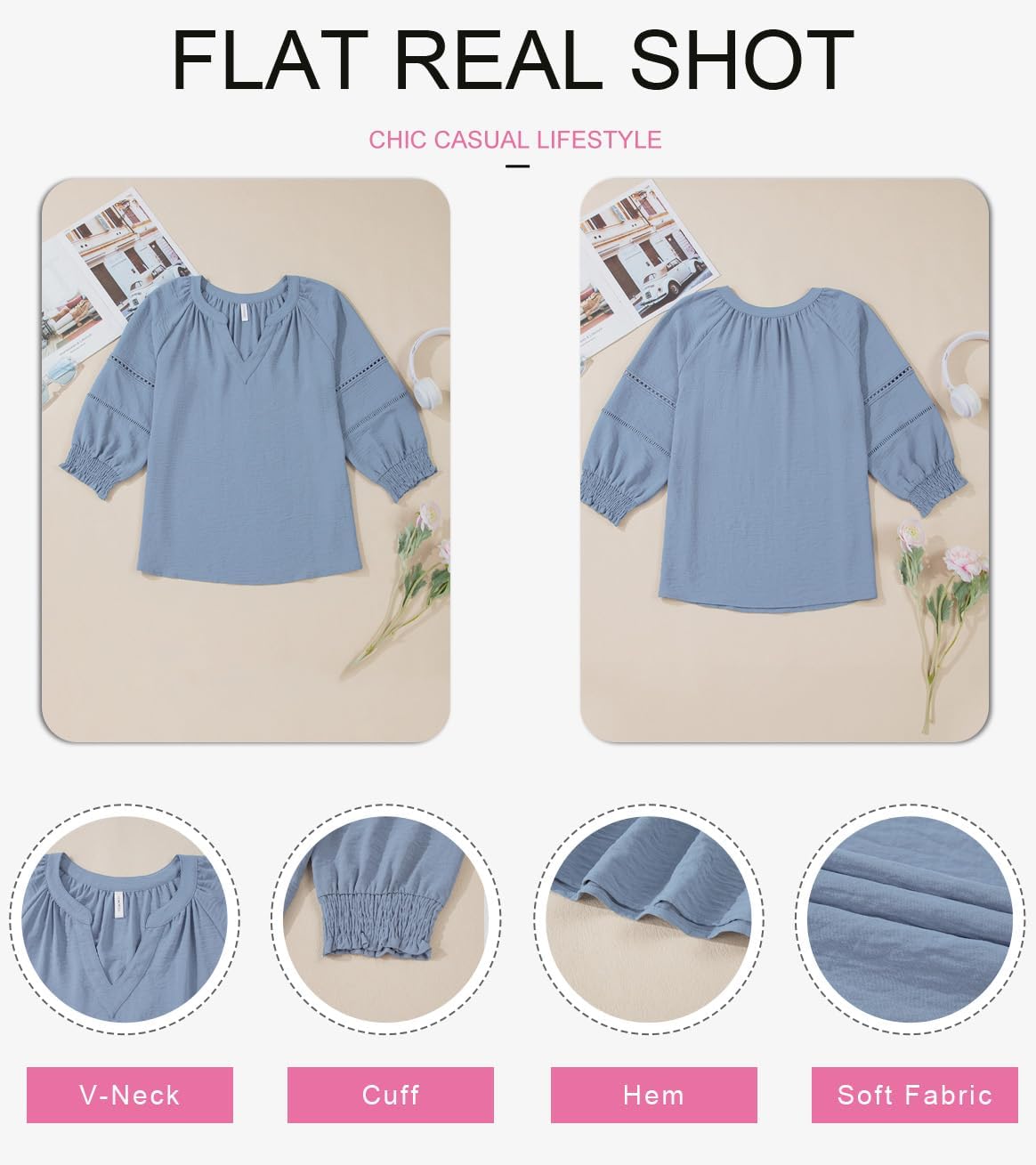 Dokotoo Womens 3/4 Sleeve Tops Pleated Business Casual Outifits V Neck Blouses Office Loose Shirts - Image 4