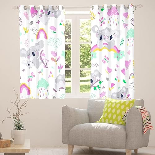 Koala Curtains Sets Koala Bear Window Curtains Raining Rainbow Blackout Curtains Kawaii Room Decor Cute Animals Flowers Paw Print Curtains Drapes Living Room Decor 2 Panels 52W"X84L" Green Pink #TOP1
