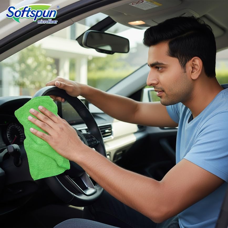 SOFTSPUN Microfiber High Loop Cleaning Cloths, 40x40 cms 4 pcs Towel Set 340 GSM (Green). Automotive Towels, Thick Lint & Streak-Free Multipurpose Cloths.…