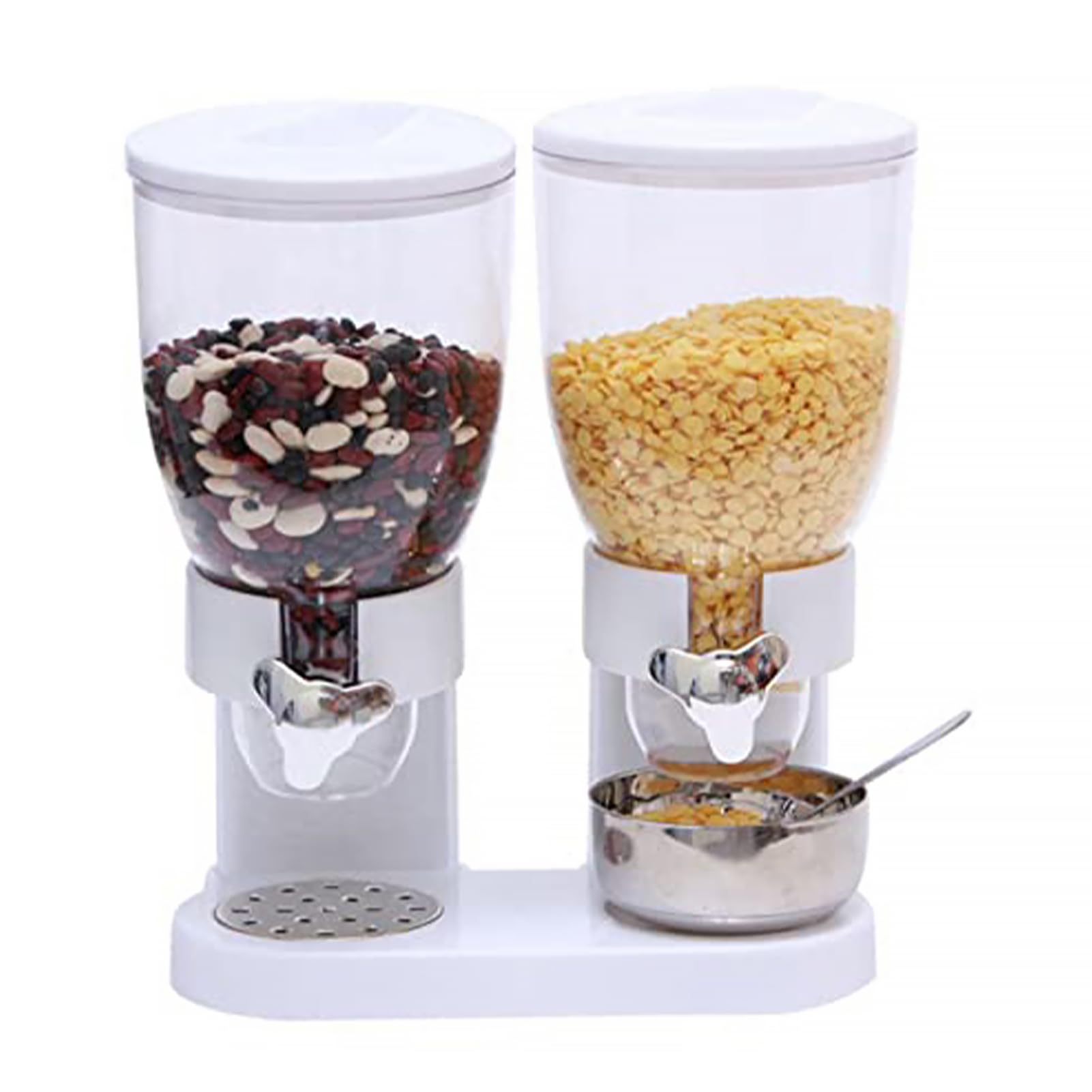 SYFUNLV Dispensador doble de avena, dispensador de alimentos de plástico, copos de maíz, dulces, cereales, dulces y cereales, recipiente de avena, almacenamiento de avena (blanco)