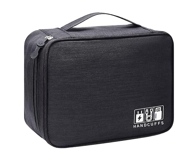 Handcuffs Electronics Accessories Organizer Bag Universal Carry Travel Gadget Bag for Cables, Plug and More, Perfect Size Fits for Pad Phone Charger Hard Disk (Black)