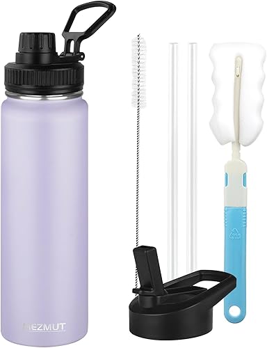 Miniatura 9 de MEZMUT Botella de agua aislada con popote y 2 tapas, botellas de agua de acero inoxidable de 40 onzas, botella de agua deportiva de metal, botellas