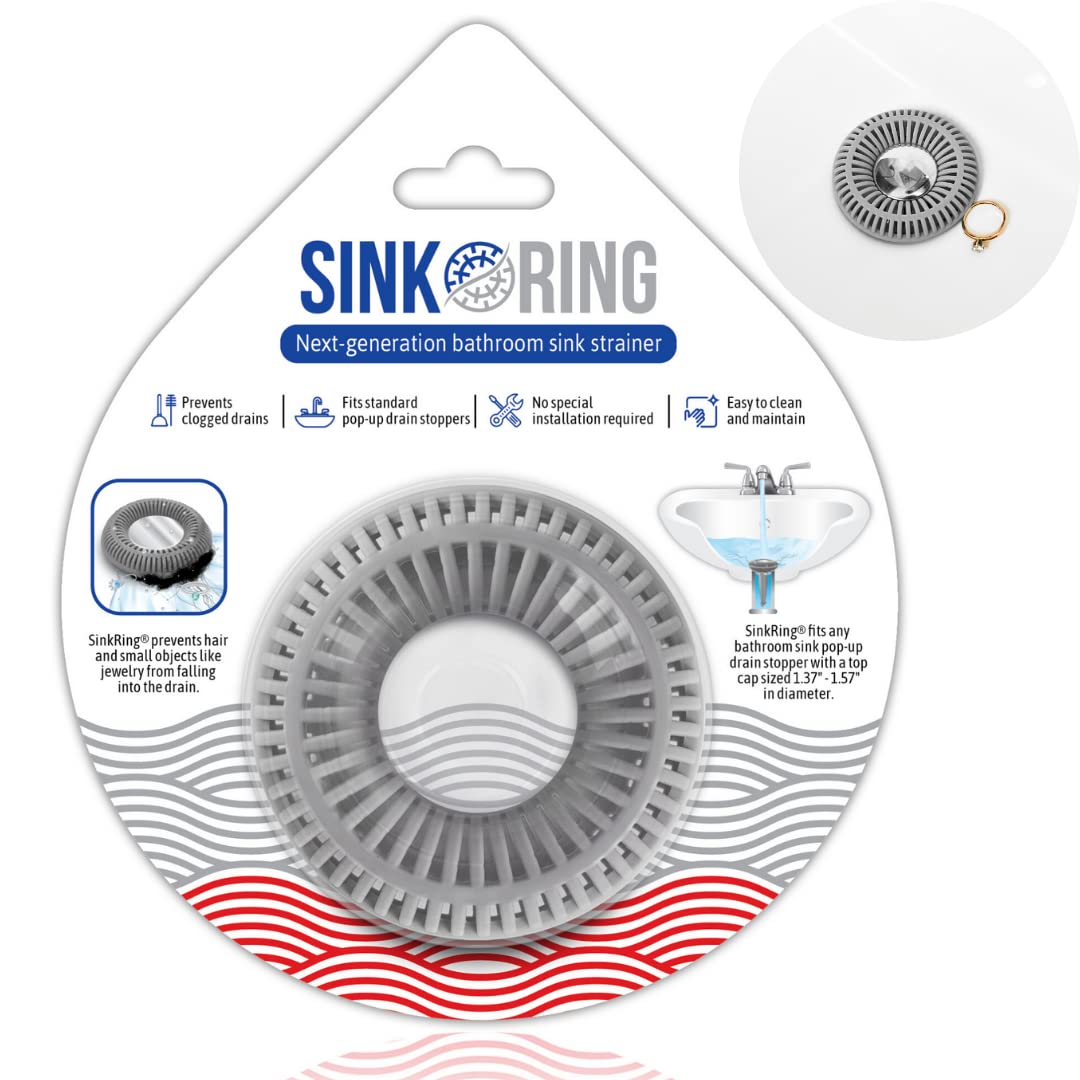 Bathroom Sink Hair Catcher for Pop-Up Drain – SinkRing 1.57" Precision Strainer for Bathroom Sink Drains | Clog-Free Hair Trap for Contacts, Earrings, Jewelry | No Suction or Screws – Gray