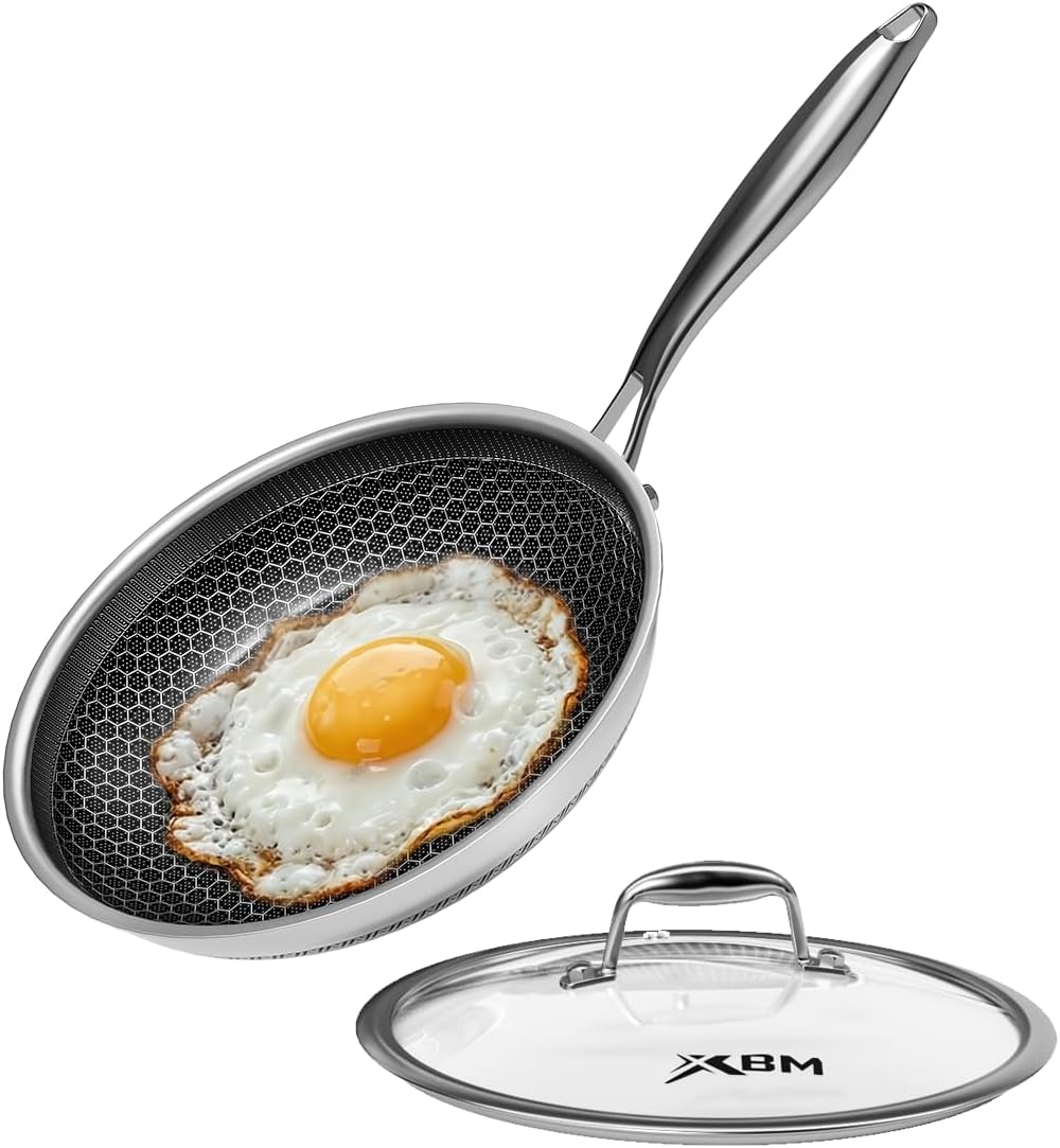 Honeycomb Stainless Steel Nonstick Frying Pan with Lid 7 Inch, Induction Cooktop Compatible Skillet, PFOA-Free Scratch-Proof, Dishwasher & Oven Safe, Stay-Cool Handle, Silver Kitchen Cookware