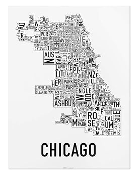 Chicago Neighborhoods Map Art Poster, Black & White, 18" x 24"