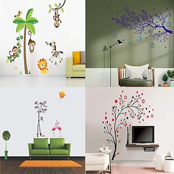 Walltech Combo of 4 Wall Sticker Jungle-(150 x 120 cms) | Blue Tree with Moon-(91 x67 cms) | Sunset swan Love-(120 x 120 cms) | Magical Tree-(150 x 150 cms) - Material Vinyl