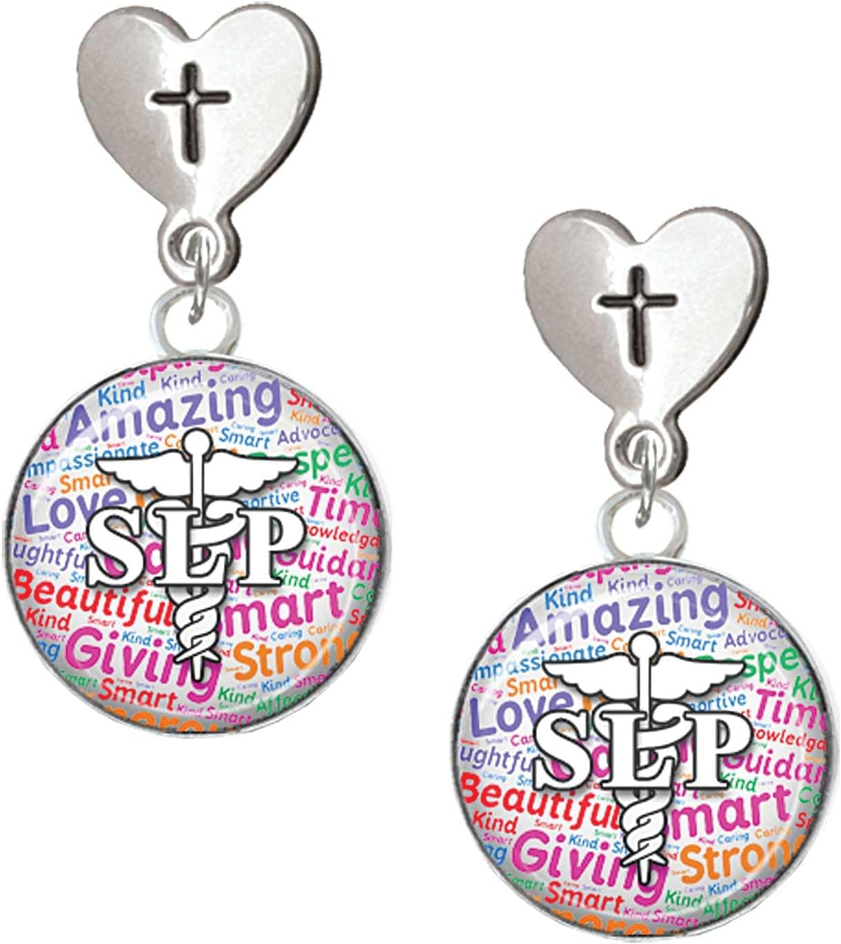 Delight Jewelry Silvertone Domed SLP Cross in Heart Post Dangle Earrings