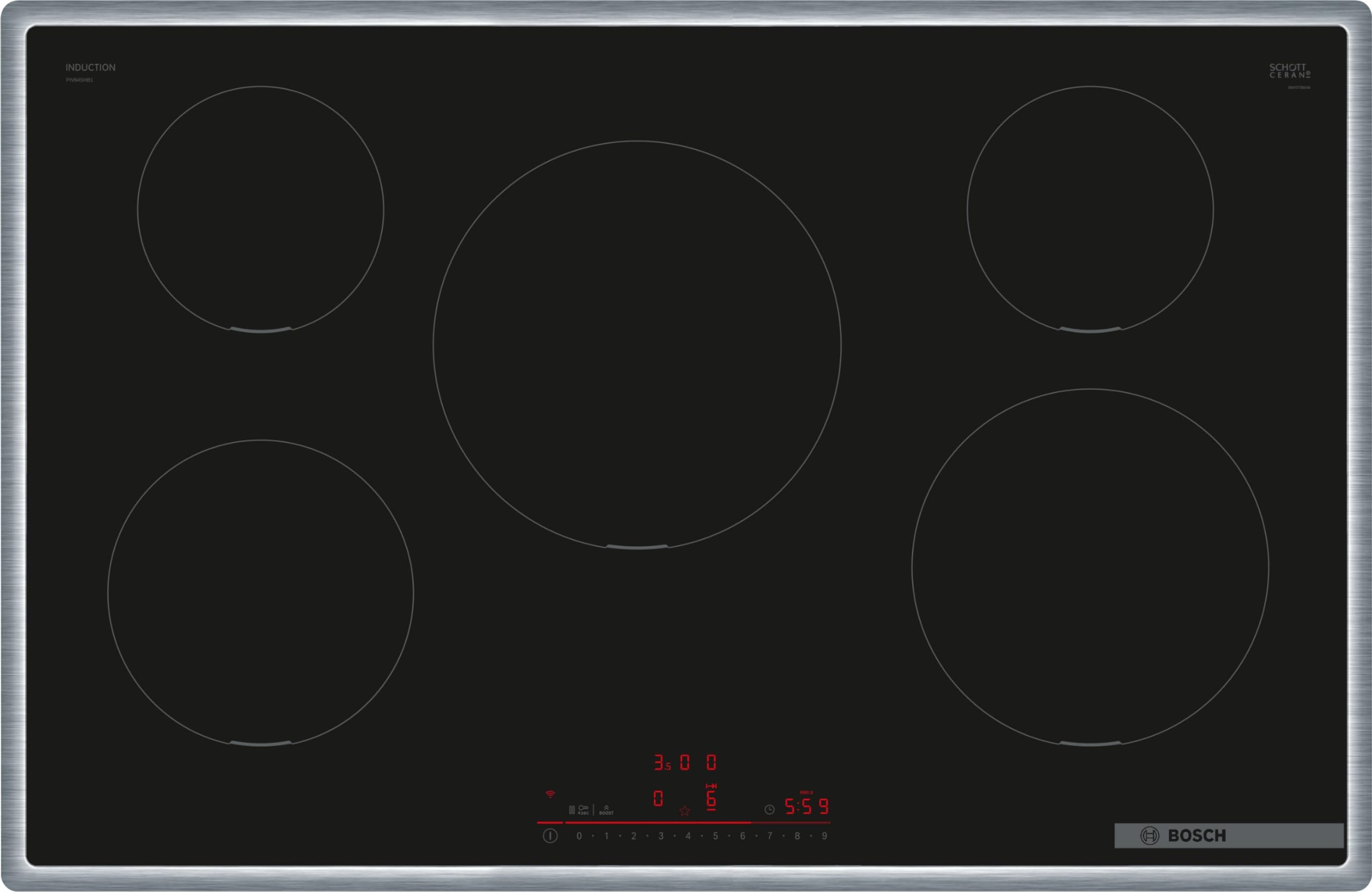 Bosch PIV845HB1E Serie 6 Smartes Induktionskochfeld (autark), 80 cm breit, Umlaufender Rahmen, Kochfeldbasierte Haubensteuerung, schnelleres Kochen, Quick Start