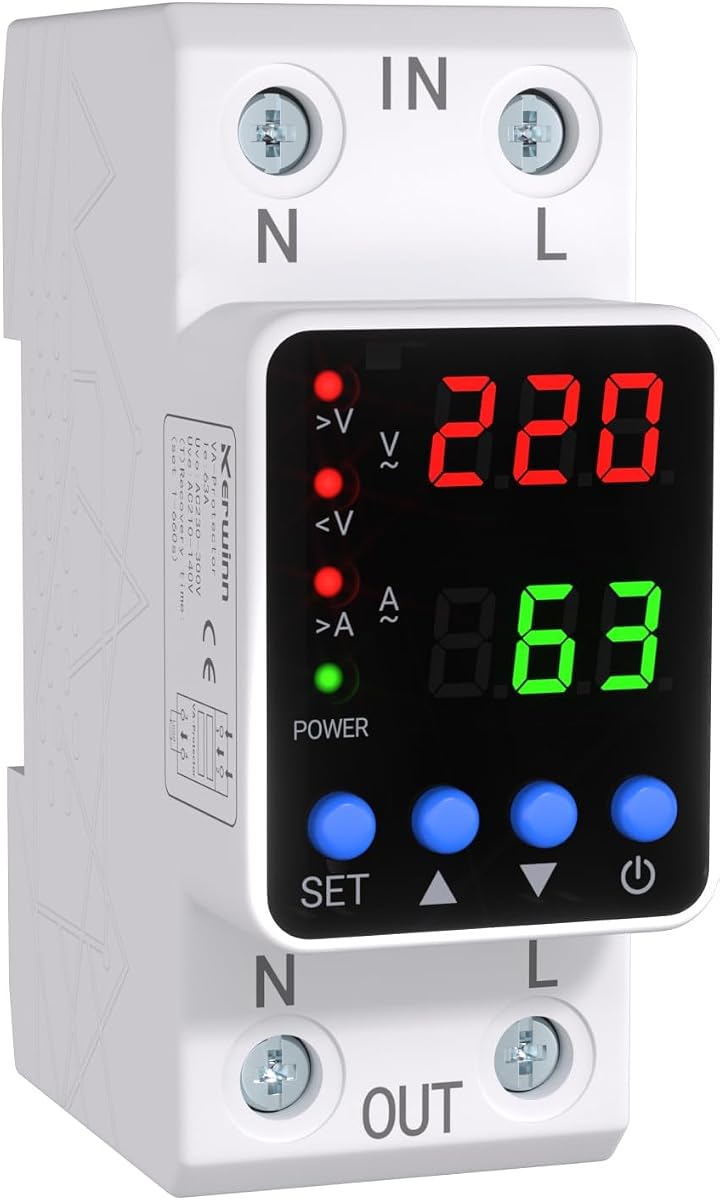 Adjustable Voltage Protector 110V/220V, 80‑210V Undervoltage 130‑300V Overvoltage, Overcurrent Protection,1‑63A Adjustable Smart Circuit Breaker, AC DIN Rail Voltage Stabilizer(White)