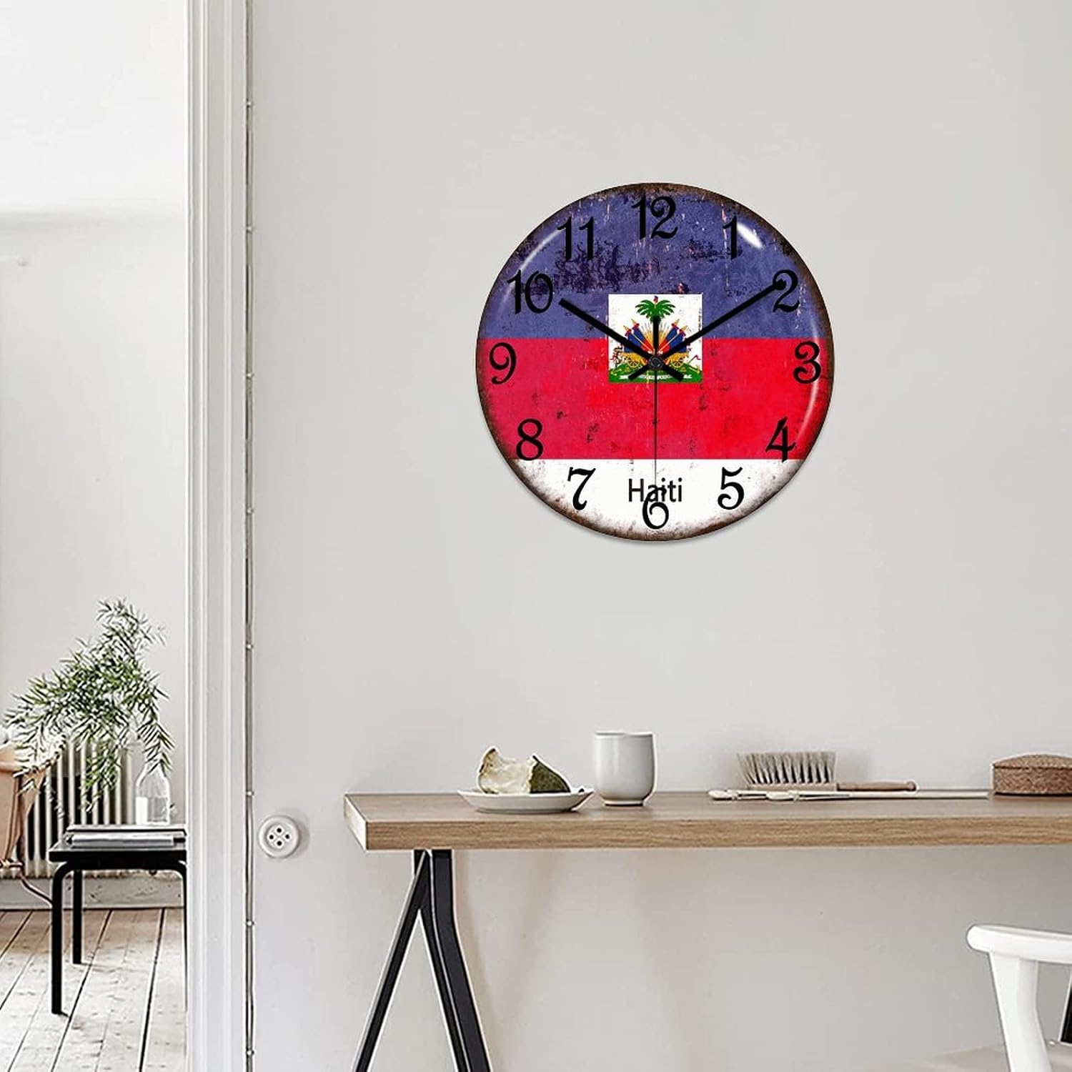 Haiti Flag Wall Clock Haiti Wooden Wall Clocks Battery Operated 15 Inch Non-Ticking Retro Cabin Wall Decor for Kitchen Bedroom Living Room Office