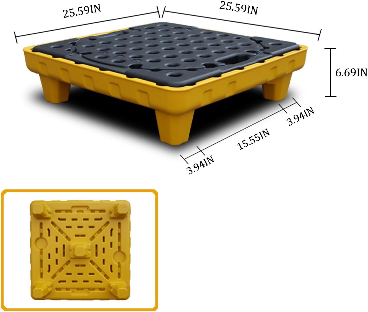 Yellow Spill Containment Platform, Polyethylene Oil Drum Tray with Flat Top Grating, Industrial Safety Pallet for Factory, Garage & Kitchen, Size: 25.59"x25.59"x6"