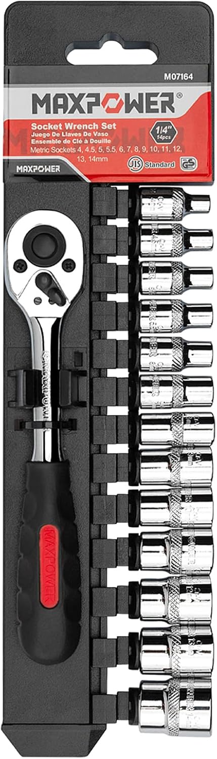 MAXPOWER 14PCS 1/4" Drive Metric Socket Set, Industrial Grade 6-Point Standard Sockets, Quick-Release Softgrip Reversible Ratchet Handle, Forged and Heat-Treated Cr-V Alloy Steel, Size 4mm-14mm