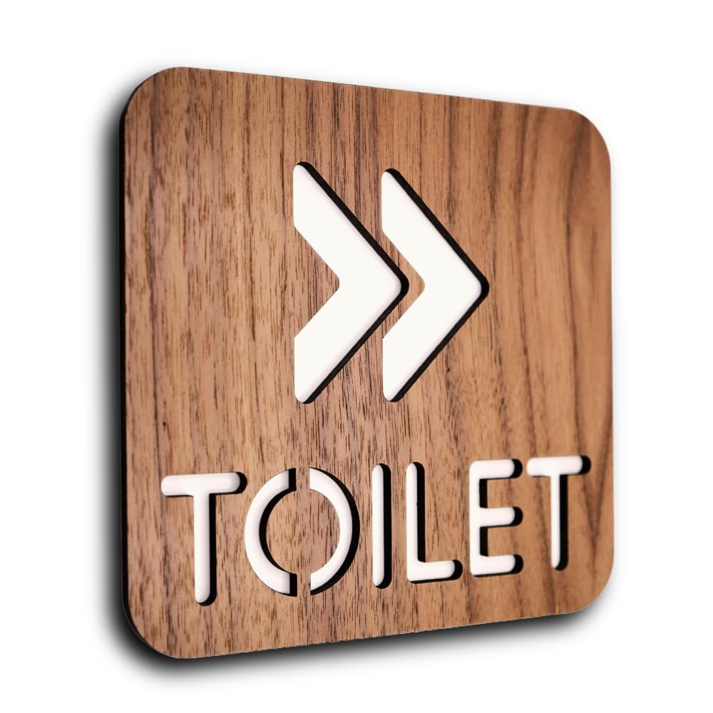 Right Arrow Walnut Wooden Toilet Directional Sign, 14.5 x 14.5 cm Bathroom Wayfinding Plaque with Modern Right Arrow Design