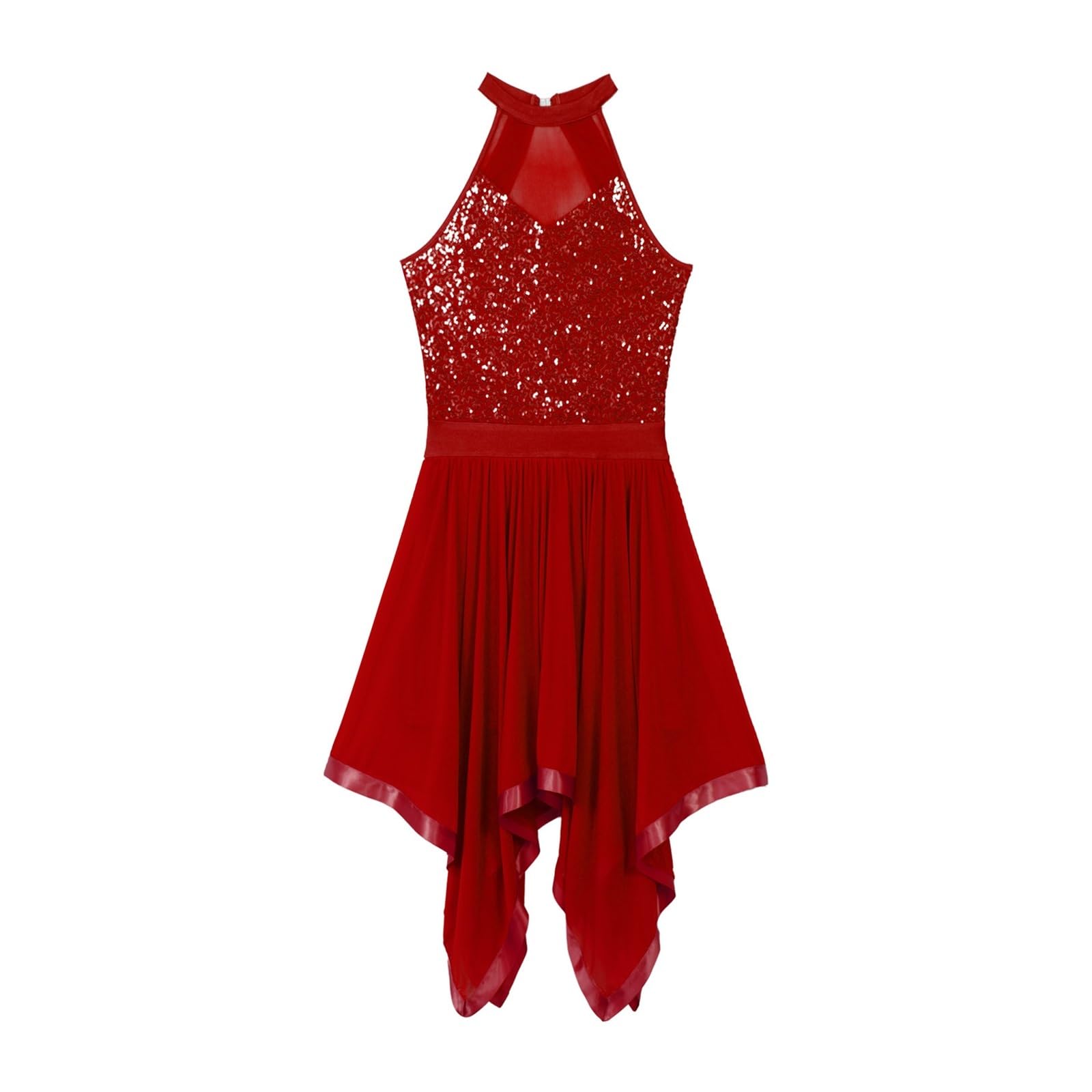Vestido De Danza LíRica Moderno Vestido de Baile contemporáneo Moderno de Jazz de Malla asimétrica con Lentejuelas y Cuello Halter sin Mangas for Mujer