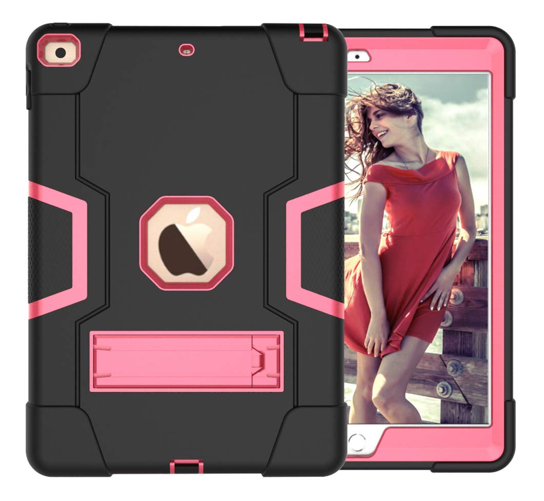 iPad iPad 6/Air2/Pro9.7 Generation Case with Kickstand, Durable Heavy Shockproof Hard Hybrid Three Layer Protective Cover iPad Tablet Silicone Case (Black + Rossy)