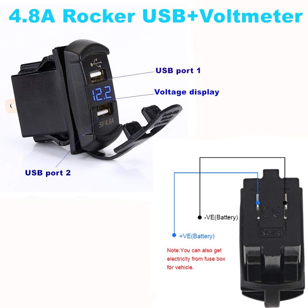 Switchtec 4.8 Amps Dual USB Rocker Switch Style Charger w/Blue Voltmeter for Boats, RZR 900, RZR 1000, Ranger, Mobile Home, RV, Spyders, Maverick, SxS, Golf Cart, Off Road Vehicles, RV, Side by Sides