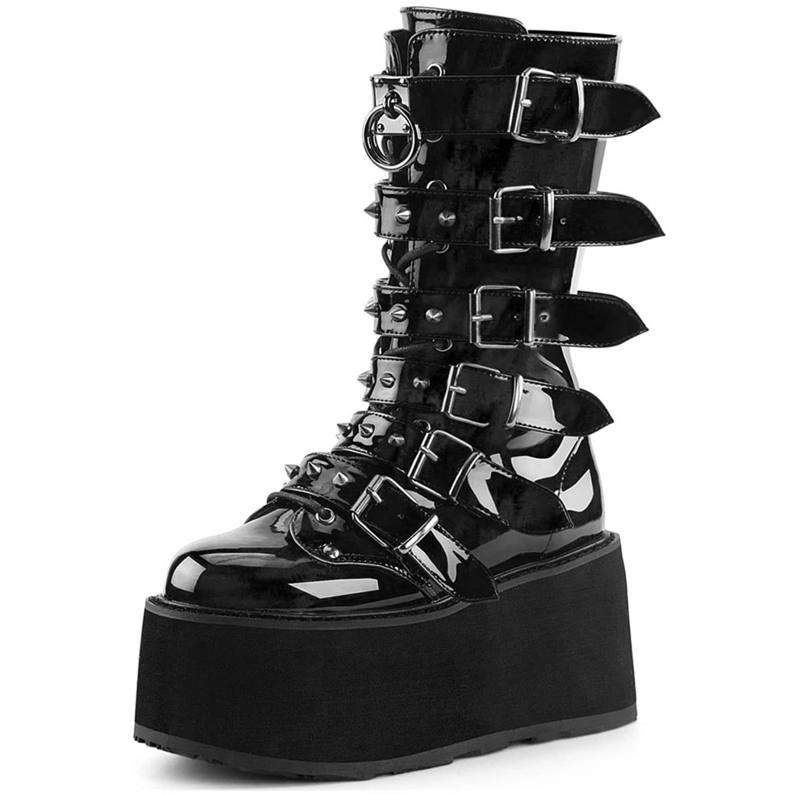 MeiLuSi Women's Gothic Platform Boots Punk Wedge Heels Mid Calf Boots Studded Buckles Combat Boots
