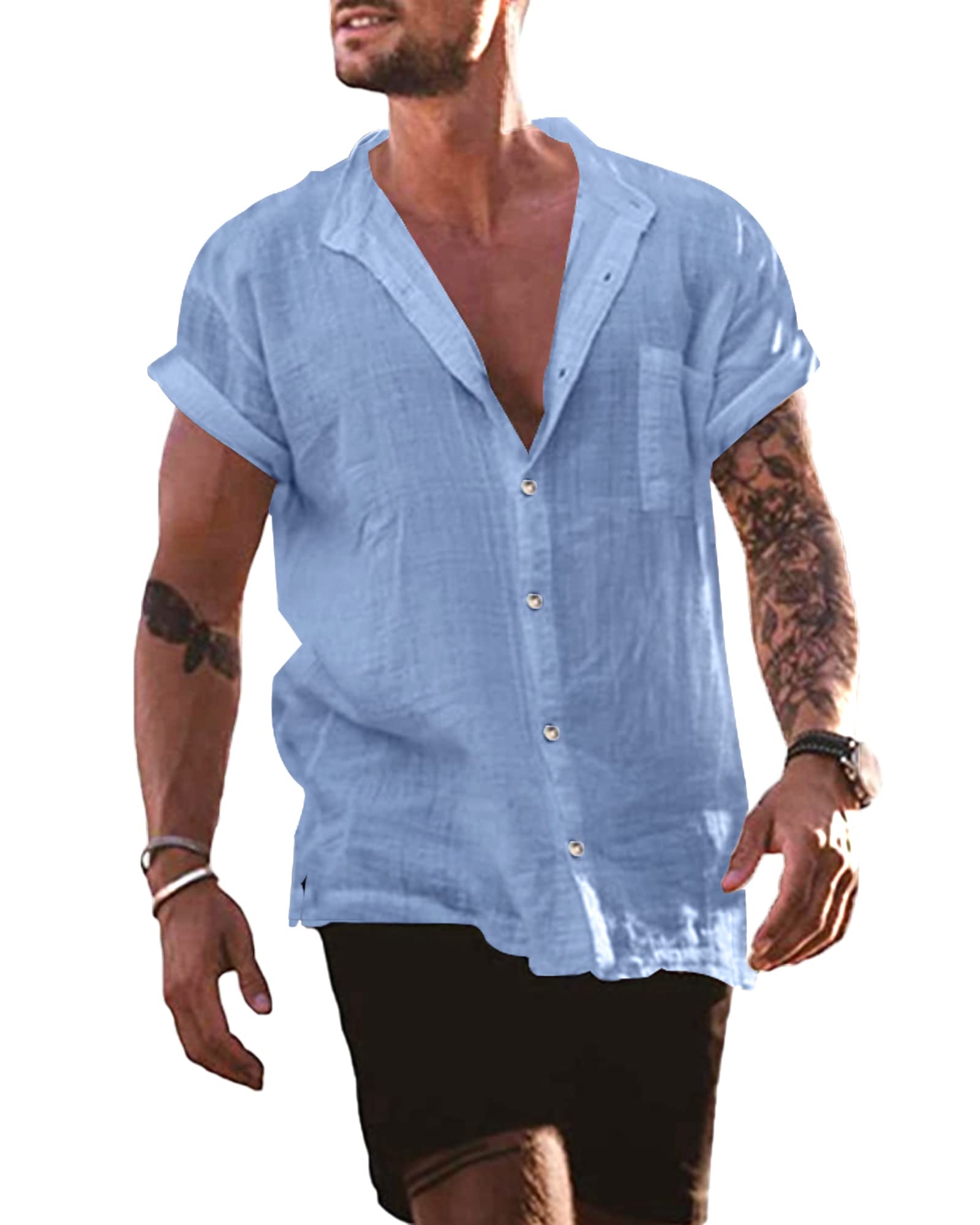 YAOBAOLE Camisa de lino para hombre de manga corta botones Cuello Mao Casual Camisa Verano Ligero Playa Clásica Tradicional Unicolor