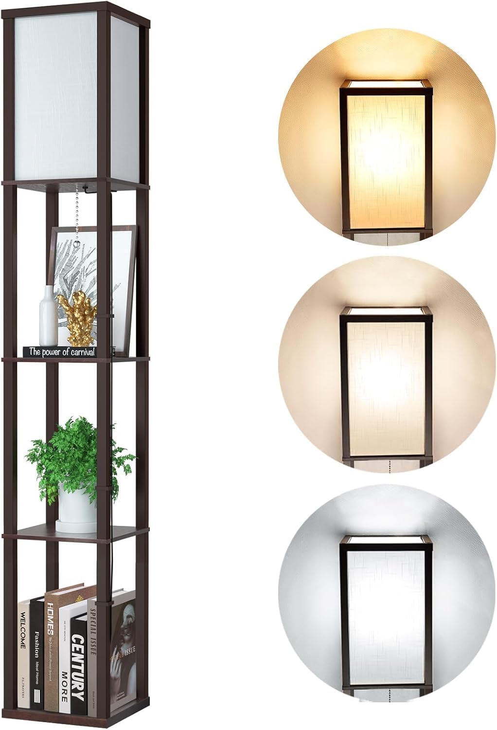 LED Staande Lamp van Hout, Staande Lamp met Plank, 3 Kleurtemperaturen, 3000-5000 K, Retro Staande Lamp, Houten Plank met E27-Fitting Hoekrek Plankverlichting voor woonkamer slaapkamer kantoor
