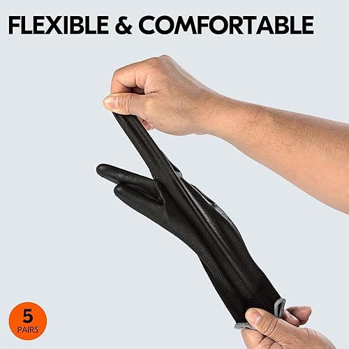 Miniatura 5 de VGO - 5 pares de guantes de trabajo de seguridad, guantes de jardinería, revestimiento de poliuretano, guantes de inmersión, sin látex (talla S,