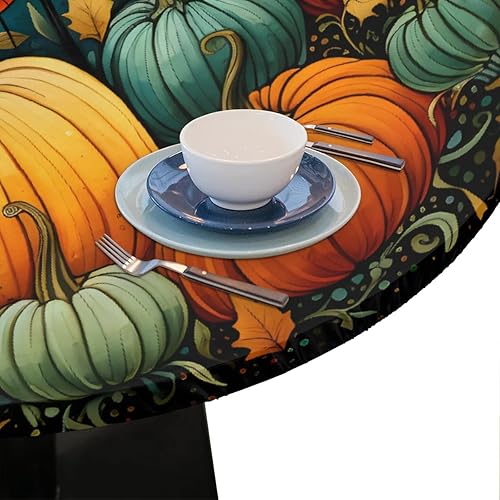 Vista 95 de Mantel redondo ajustable con borde elástico, mantel de hojas coloridas abstractas, impermeable, lavable, para mesas redondas, ideal para picnic