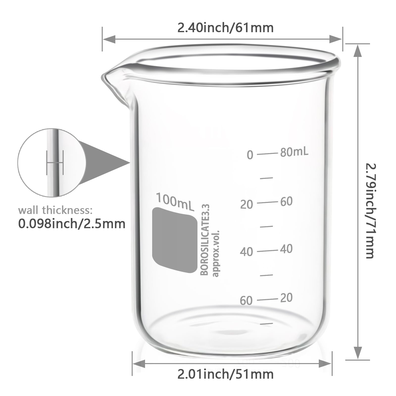 Vasos de vidrio resistentes, graduación de doble escala, vaso de laboratorio de vidrio borosilicato 3.3, vaso de medición de forma baja (6, 100 ml)