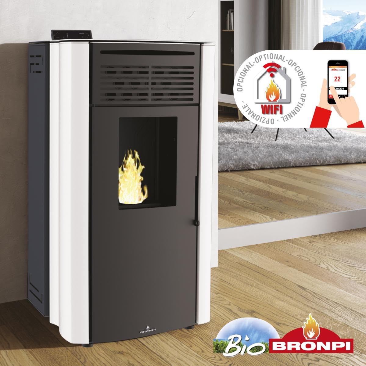 BRONPI - Estufa de Pellet Color Marfil Modelo CORAL-MF de 15 kW
