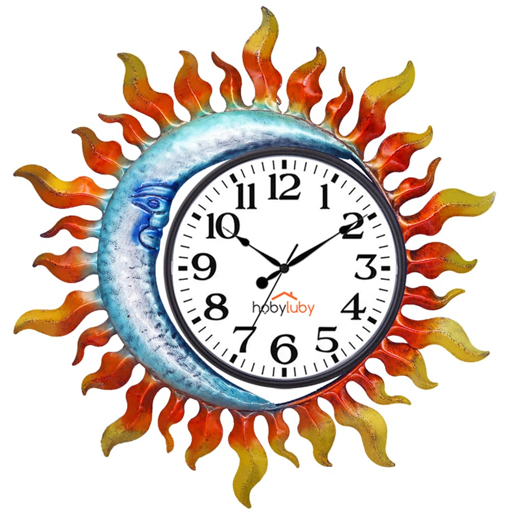 Outdoor Clock，Sun-Moon Outdoor Wall Clock Silent Non-Ticking，Indoor Outdoor Clock for Patio, Living Room,Home Decor