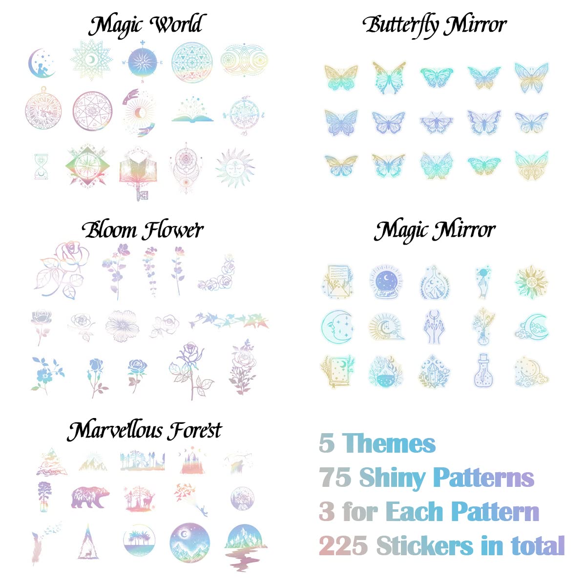 225PCS Holographic Stickers, BOJVESH 5 Themes Glitter Resin Stickers, PET Transparent Decals Sticker Set - Image 3