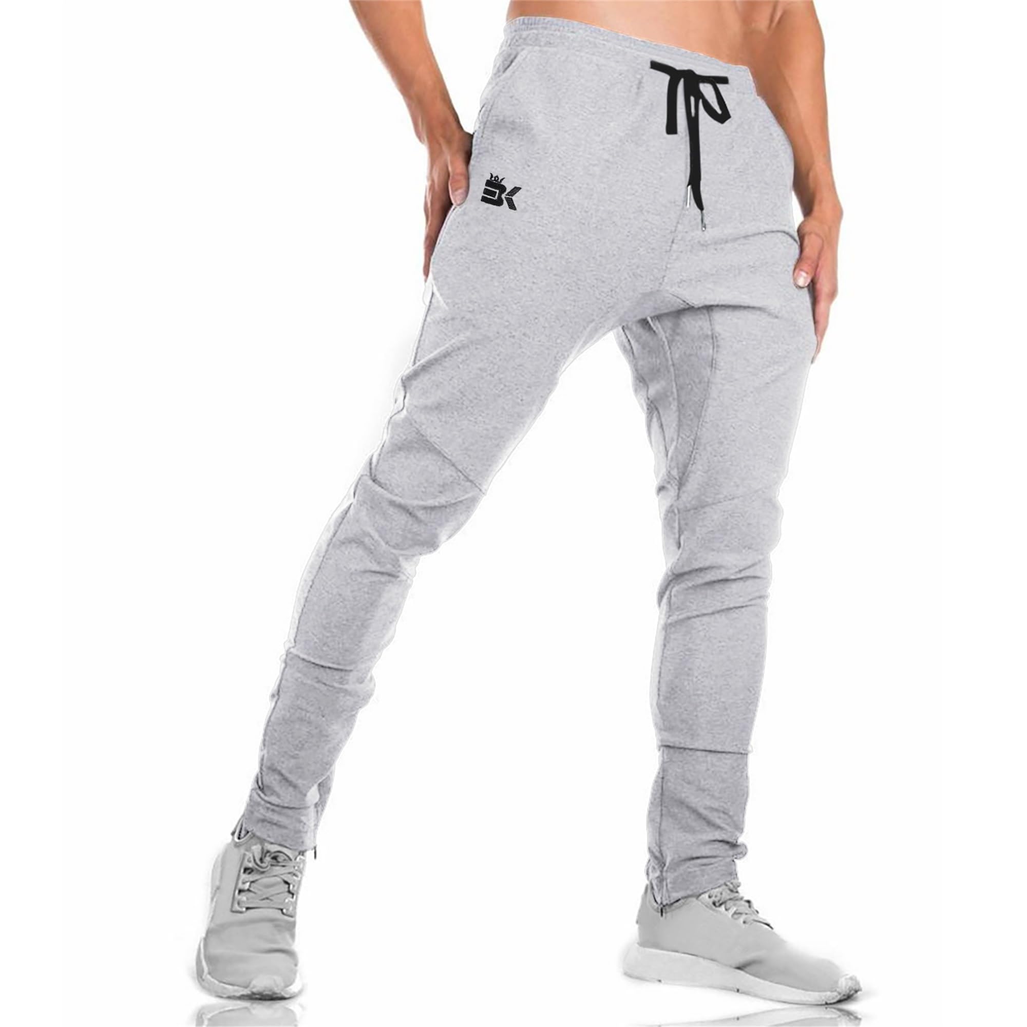 BROKIG Pantaloni sportivi da jogging da uomo a doppia tasca, pantaloni fitness con zip e stretch, per uomo, pantaloni in cotone, grigio, L