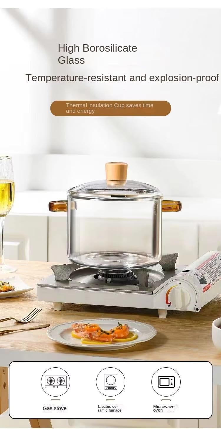 Avastro 1.6L Heat Resistant Glass Soup Pot with Lid | Double Handle Microwave, Gas Stove & Induction Compatible Cooking Pot | Transparent Glass Noodle & Soup Cooking Pot | Non-Stick Induction Bottom 1