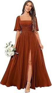 Square Neck Bridesmaid Dresses with Slit Pockets Chiffon Flutter Sleeve Long Formal Wedding Guest Dress