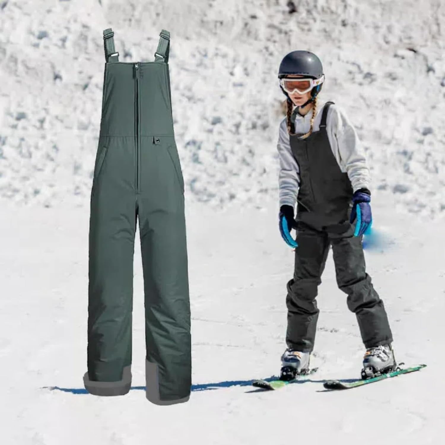 Teen Girls Bib 𝗦now Pants Winter 𝗪aterproof Insulated Snowpants Kids Front Zipper Outdoor Ski Overall with Pockets